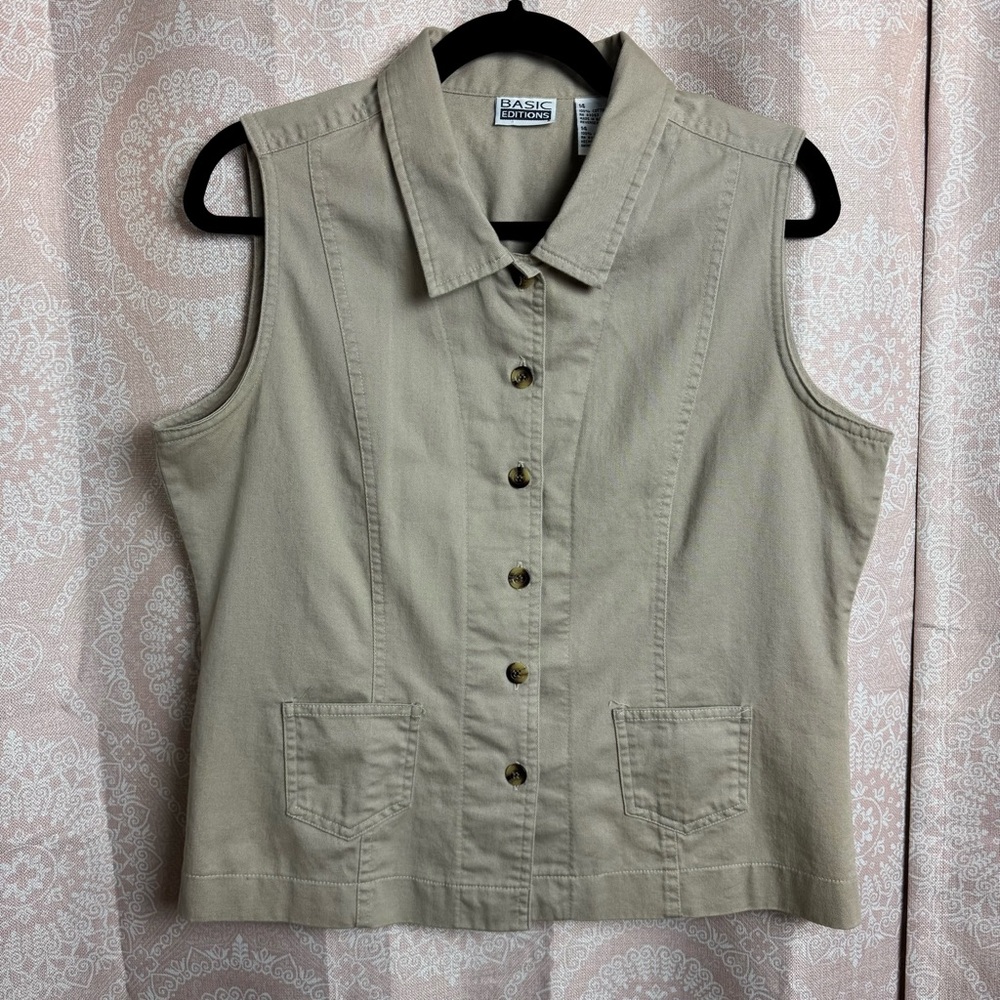 Basic Editions Vintage 90s Khaki Tan Button Collared Vest 100% Cotton Size 14